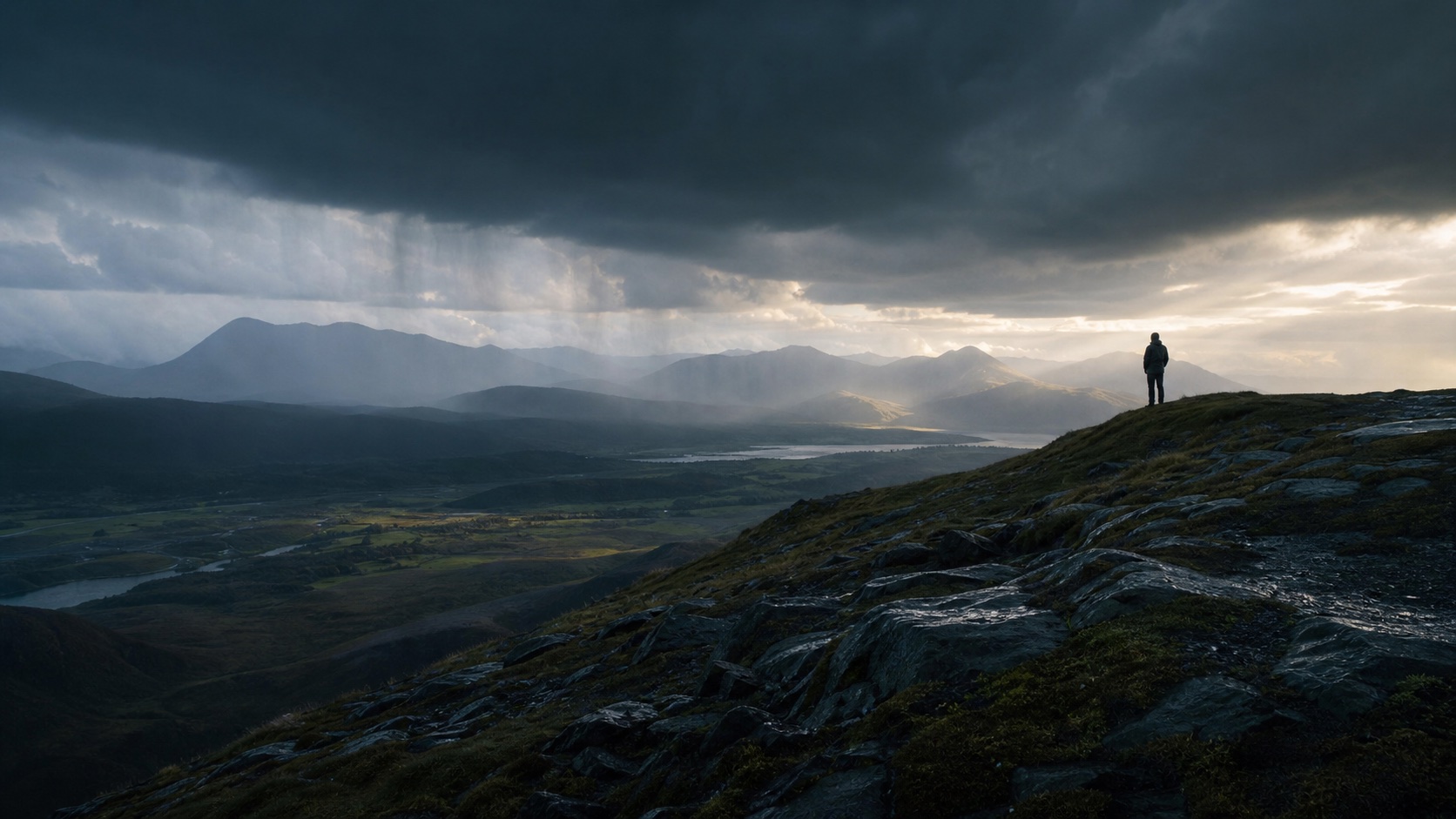 A person on a mountain ridge under gathering clouds